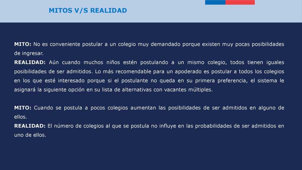 MITOS V/S REALIDAD MITO: No es conveniente postular a un colegio muy demandado porque existen muy pocas posibilidades de ingresar.