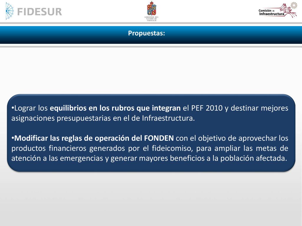 Propuestas: Lograr los equilibrios en los rubros que integran el PEF 2010 y destinar mejores asignaciones presupuestarias en el de Infraestructura.