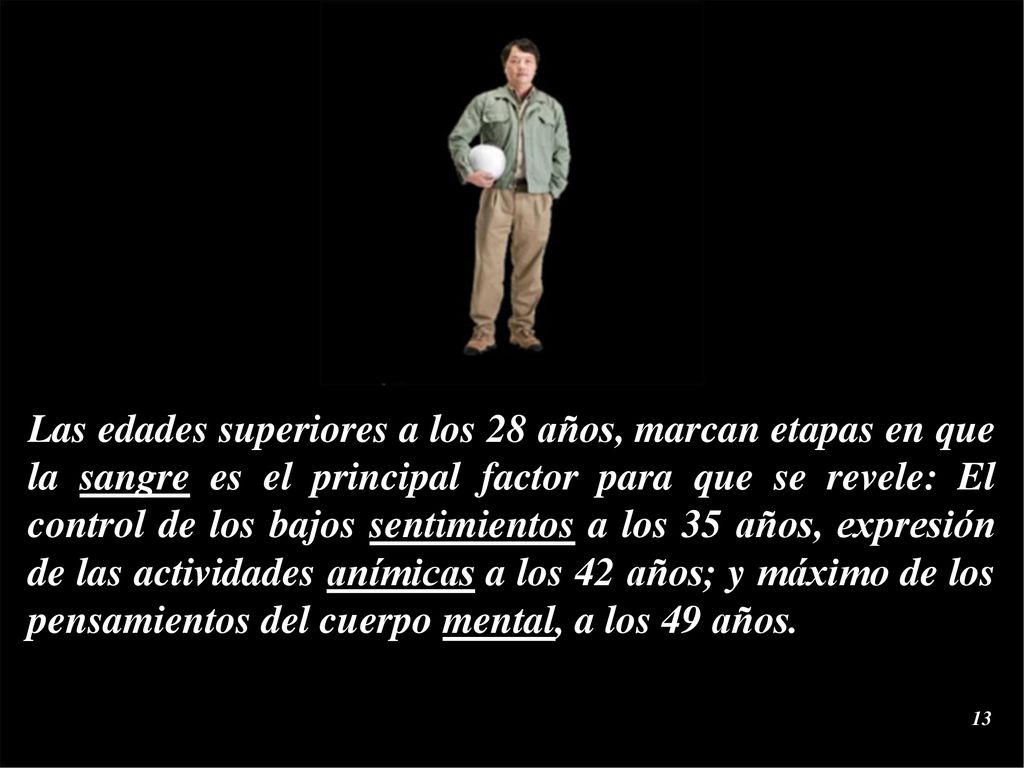 Las edades superiores a los 28 años, marcan etapas en que la sangre es el principal factor para que se revele: El control de los bajos sentimientos a los 35 años, expresión de las actividades anímicas a los 42 años; y máximo de los pensamientos del cuerpo mental, a los 49 años.