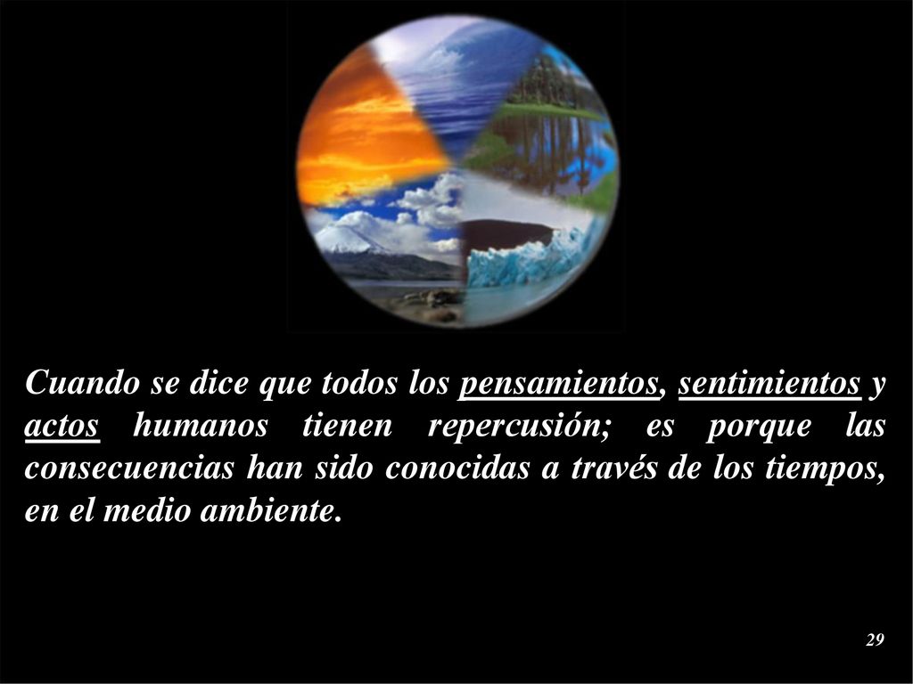Cuando se dice que todos los pensamientos, sentimientos y actos humanos tienen repercusión; es porque las consecuencias han sido conocidas a través de los tiempos, en el medio ambiente.