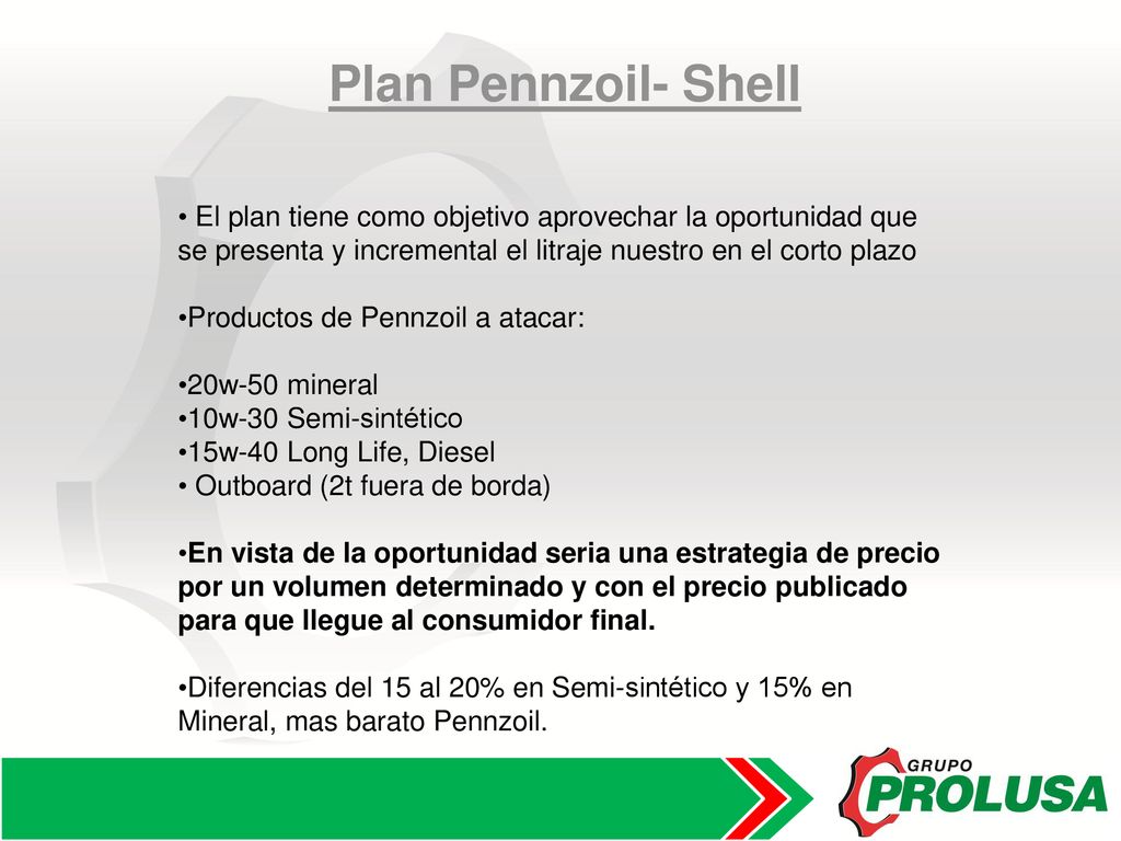 Plan Pennzoil- Shell El plan tiene como objetivo aprovechar la oportunidad que se presenta y incremental el litraje nuestro en el corto plazo.