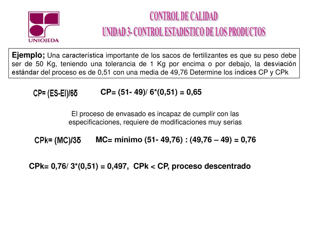 CPk= 0,76/ 3*(0,51) = 0,497, CPk < CP, proceso descentrado