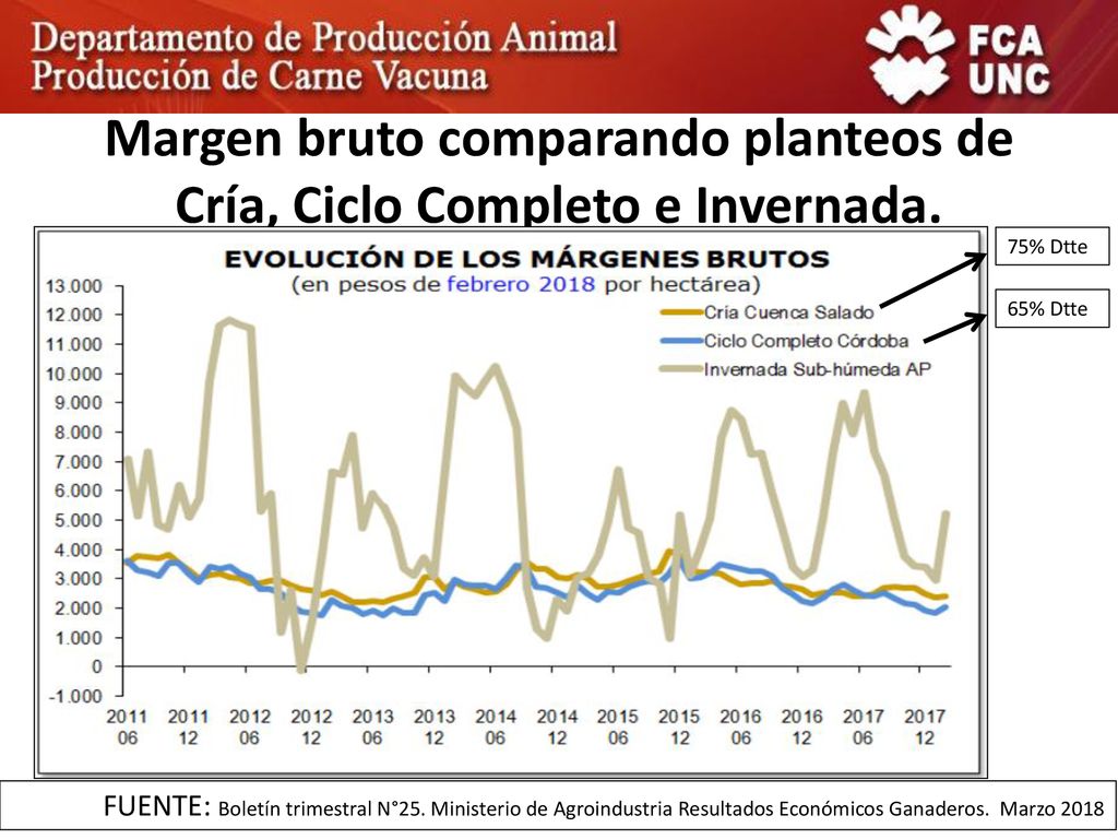 Margen bruto comparando planteos de Cría, Ciclo Completo e Invernada.