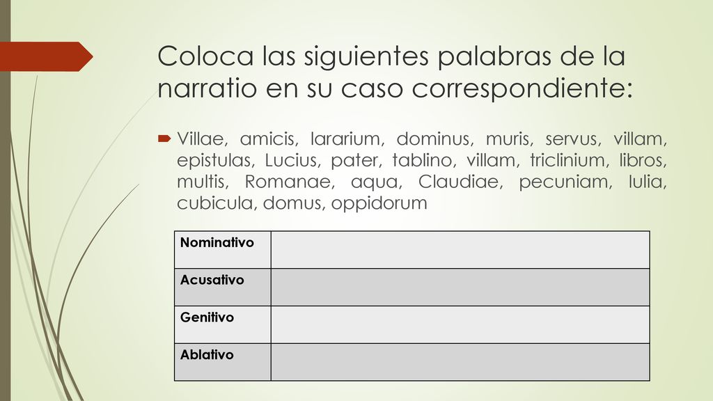 Coloca las siguientes palabras de la narratio en su caso correspondiente: