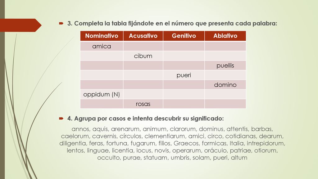 3. Completa la tabla fijándote en el número que presenta cada palabra: