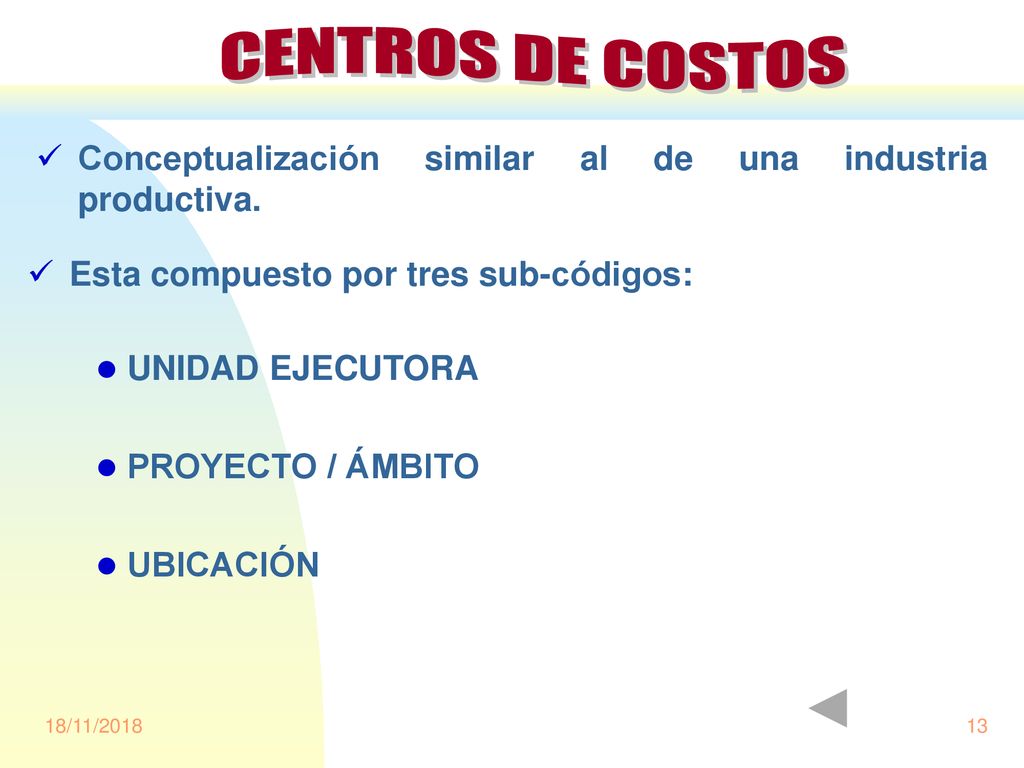 CENTROS DE COSTOS Conceptualización similar al de una industria productiva. Esta compuesto por tres sub-códigos: