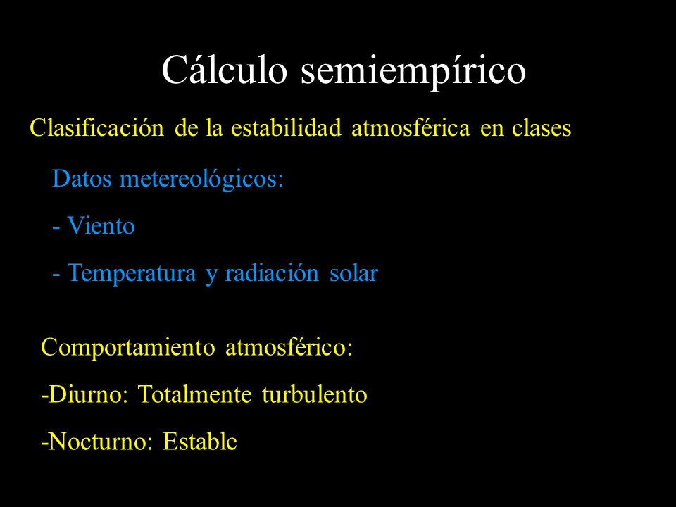 Cálculo semiempírico Clasificación de la estabilidad atmosférica en clases. Datos metereológicos: - Viento.