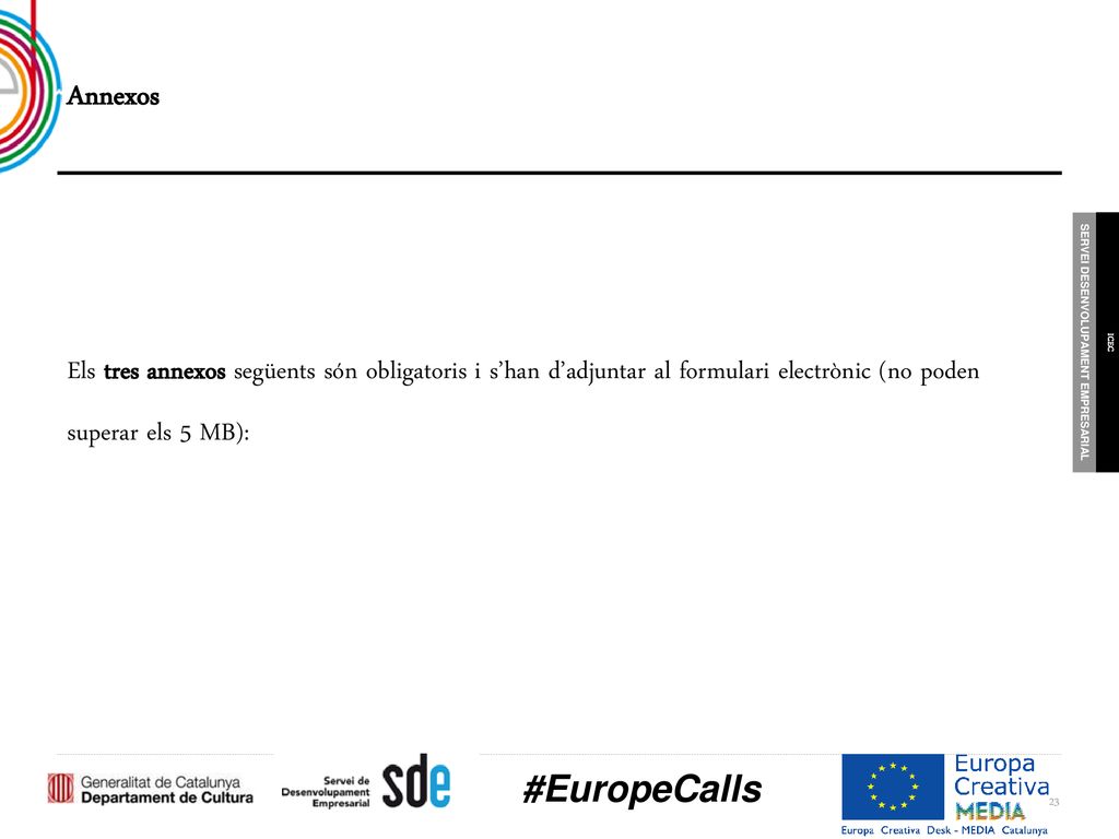 Annexos Els tres annexos següents són obligatoris i s’han d’adjuntar al formulari electrònic (no poden superar els 5 MB):
