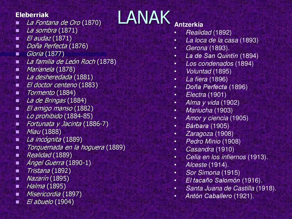LANAK Eleberriak La Fontana de Oro (1870) La sombra (1871) Antzerkia