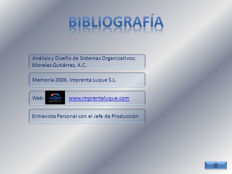 Bibliografía Análisis y Diseño de Sistemas Organizativos; Morales Gutiérrez, A.C. Memoria 2006, Imprenta Luque S.L.