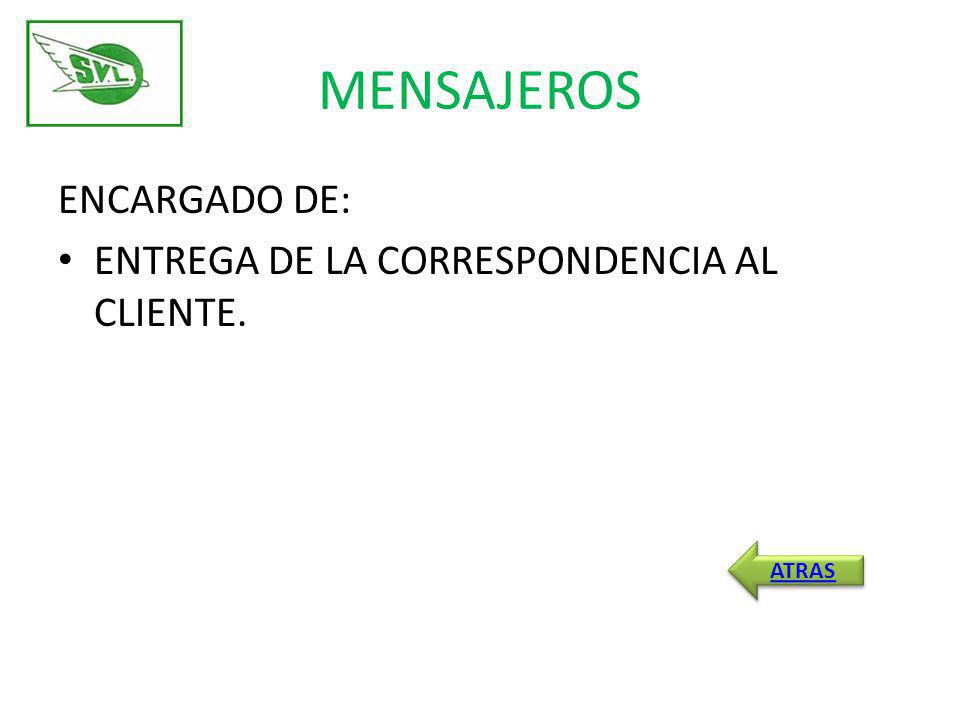 MENSAJEROS ENCARGADO DE: ENTREGA DE LA CORRESPONDENCIA AL CLIENTE.