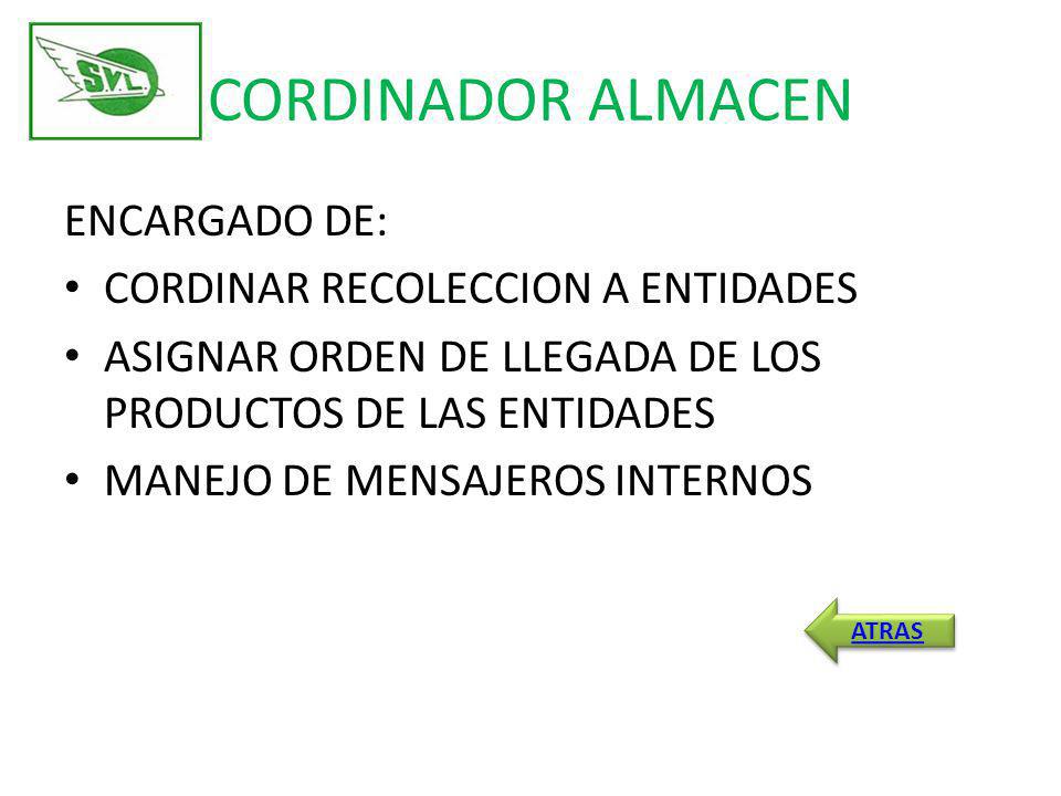 CORDINADOR ALMACEN ENCARGADO DE: CORDINAR RECOLECCION A ENTIDADES
