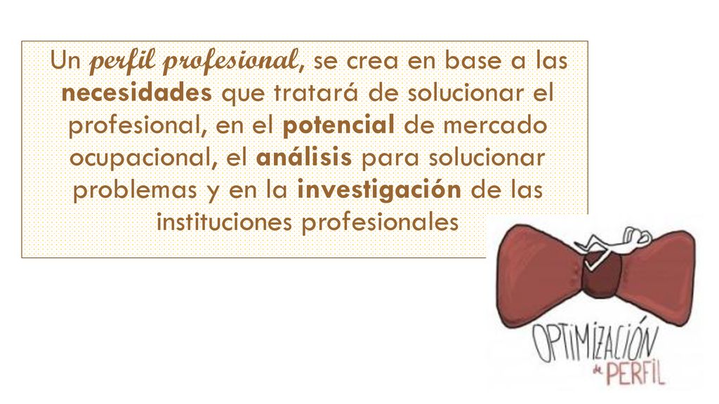 Un perfil profesional, se crea en base a las necesidades que tratará de solucionar el profesional, en el potencial de mercado ocupacional, el análisis para solucionar problemas y en la investigación de las instituciones profesionales