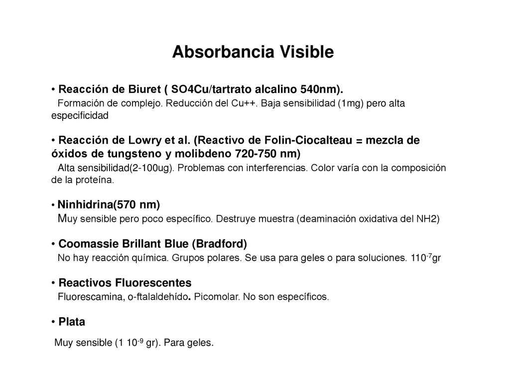 Absorbancia Visible Reacción de Biuret ( SO4Cu/tartrato alcalino 540nm).
