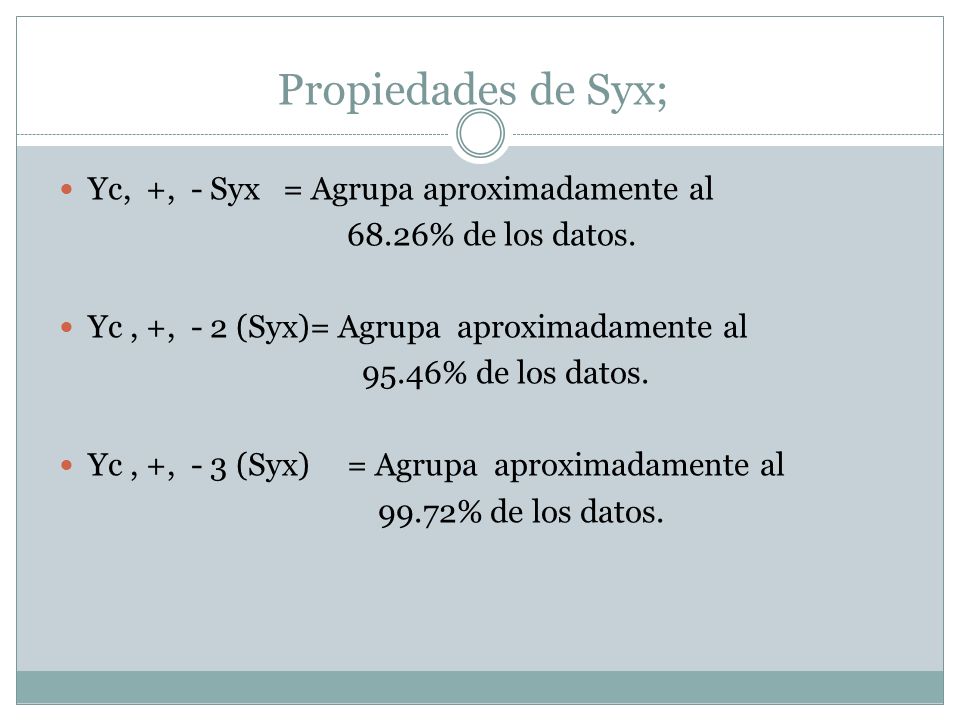 Propiedades de Syx; Yc, +, - Syx = Agrupa aproximadamente al