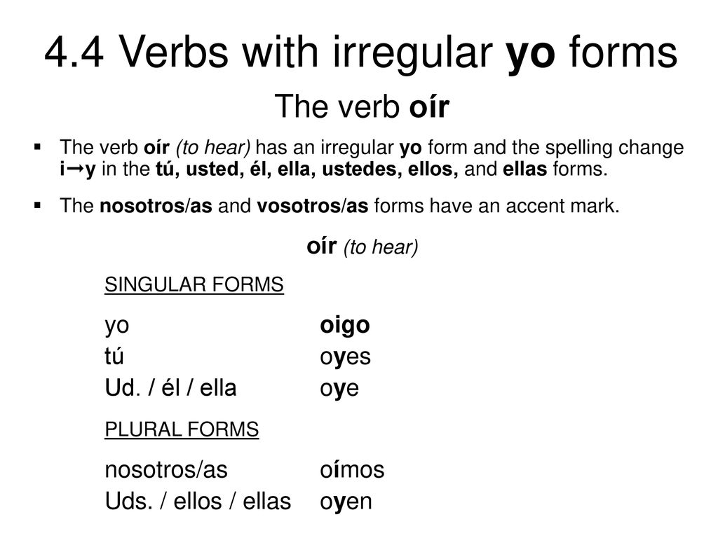 The verb oír oír (to hear) yo oigo tú oyes Ud. / él / ella oye