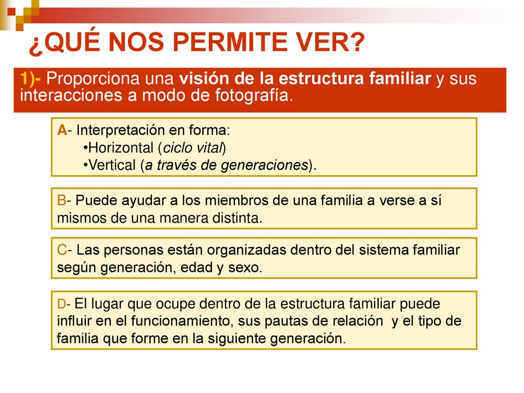 ¿QUÉ NOS PERMITE VER 1)- Proporciona una visión de la estructura familiar y sus interacciones a modo de fotografía.