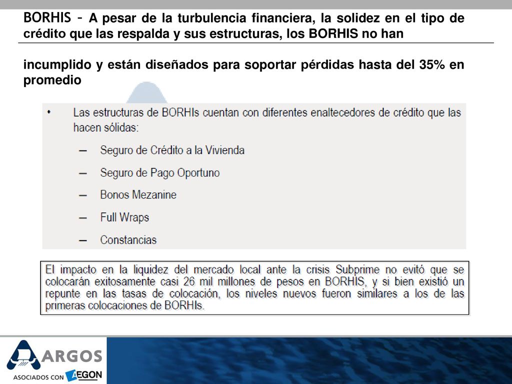 BORHIS – A pesar de la turbulencia financiera, la solidez en el tipo de crédito que las respalda y sus estructuras, los BORHIS no han