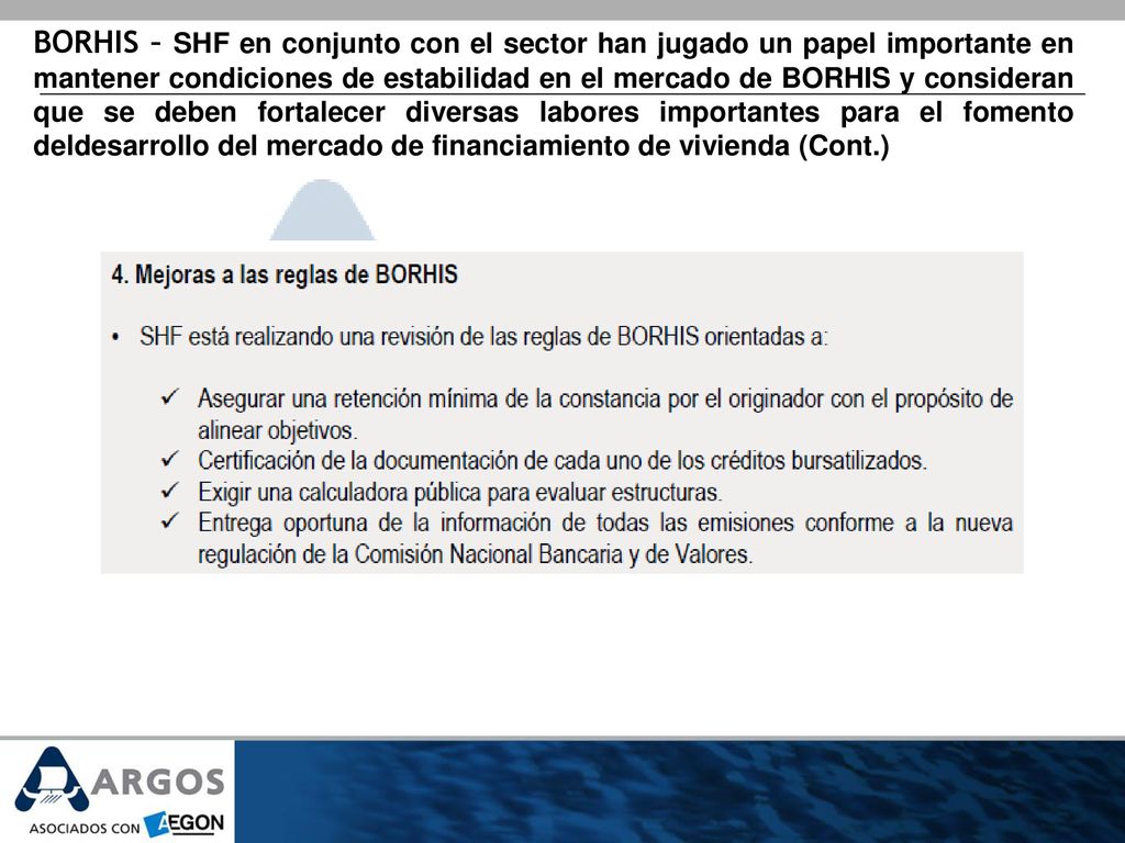 BORHIS – SHF en conjunto con el sector han jugado un papel importante en mantener condiciones de estabilidad en el mercado de BORHIS y consideran que se deben fortalecer diversas labores importantes para el fomento deldesarrollo del mercado de financiamiento de vivienda (Cont.)
