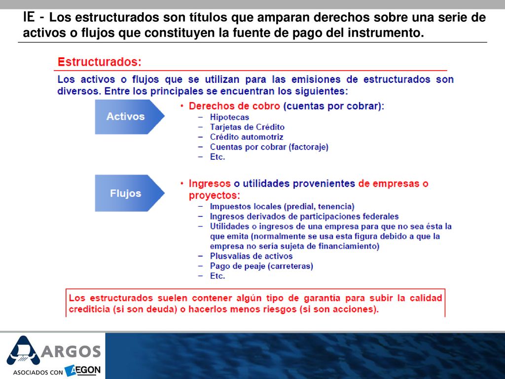 IE - Los estructurados son títulos que amparan derechos sobre una serie de activos o flujos que constituyen la fuente de pago del instrumento.