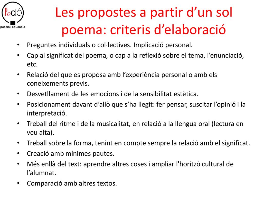 Les propostes a partir d’un sol poema: criteris d’elaboració