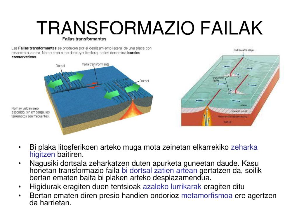 TRANSFORMAZIO FAILAK Bi plaka litosferikoen arteko muga mota zeinetan elkarrekiko zeharka higitzen baitiren.