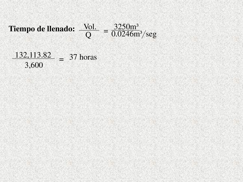 Vol. Q 3250m³ m³ seg Tiempo de llenado: = 132, ,600 = 37 horas
