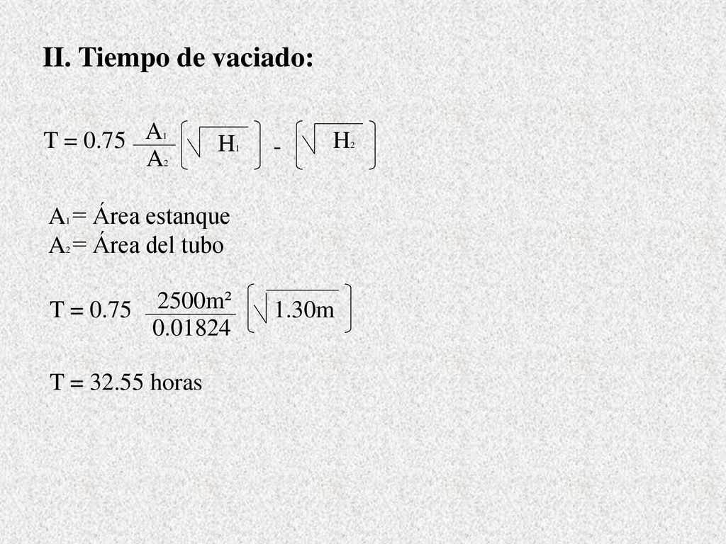 II. Tiempo de vaciado: A1 A2 T = 0.75 H1 H2 - A1 = Área estanque