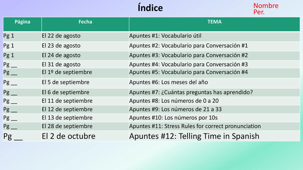 Índice El 2 de octubre Apuntes #12: Telling Time in Spanish Nombre