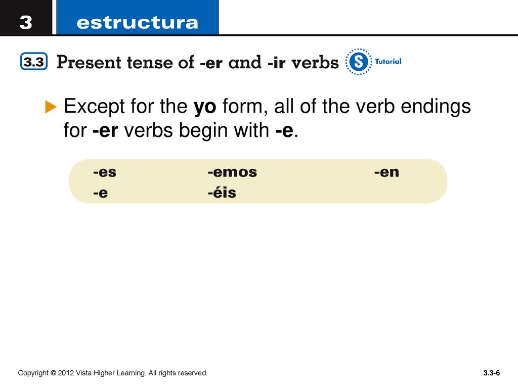 Except for the yo form, all of the verb endings for -er verbs begin with -e.