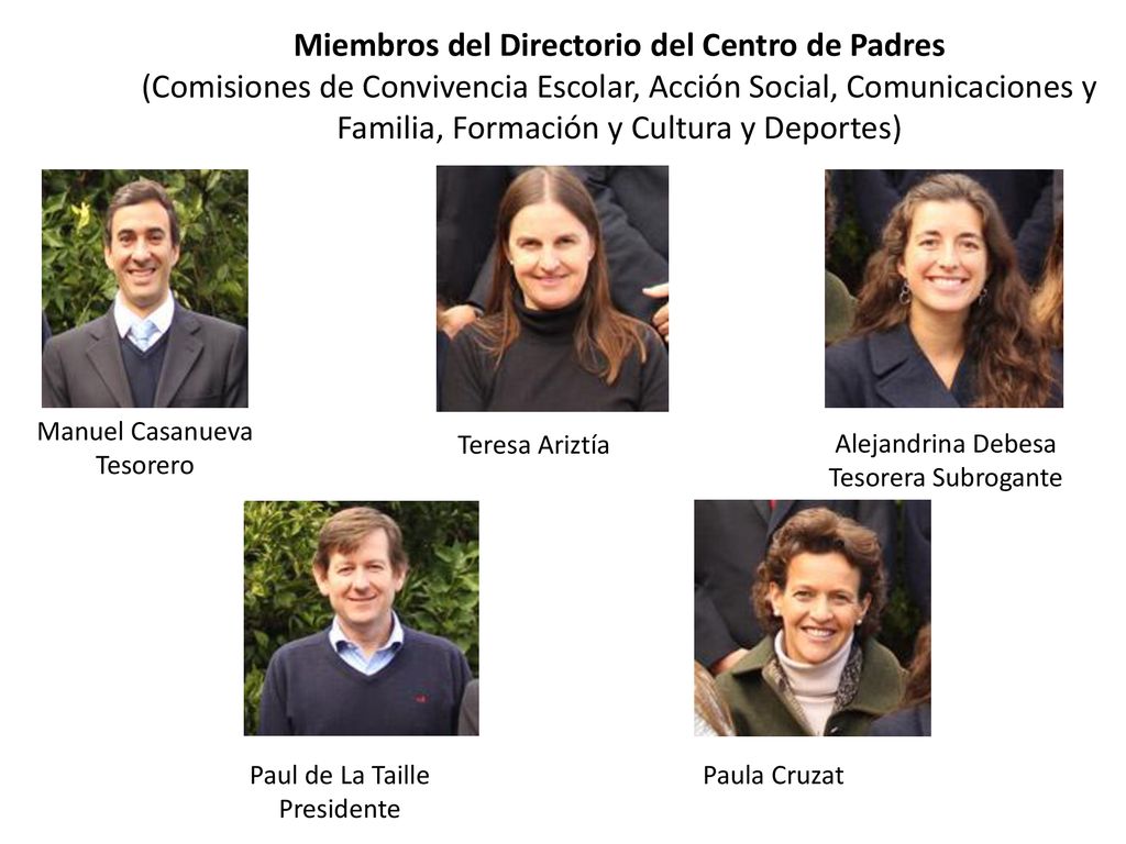 Miembros del Directorio del Centro de Padres (Comisiones de Convivencia Escolar, Acción Social, Comunicaciones y Familia, Formación y Cultura y Deportes)