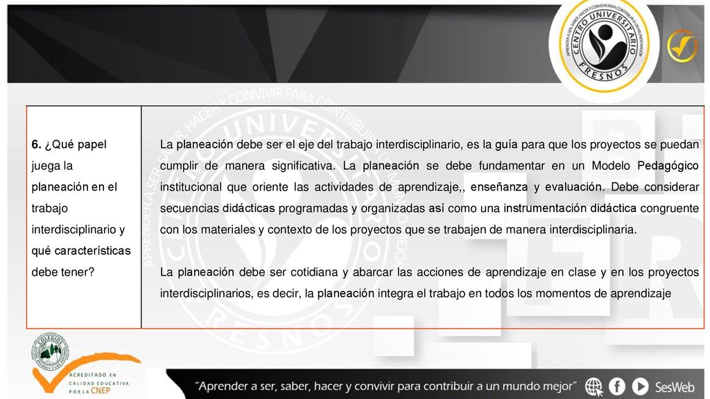 6. ¿Qué papel juega la planeación en el trabajo. interdisciplinario y qué características. debe tener