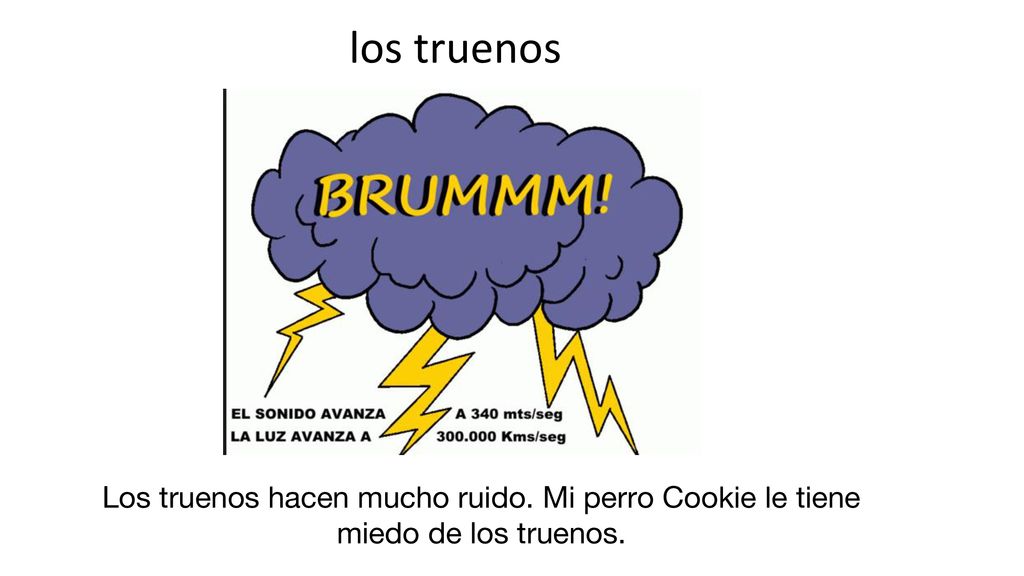 los truenos Los truenos hacen mucho ruido. Mi perro Cookie le tiene miedo de los truenos.