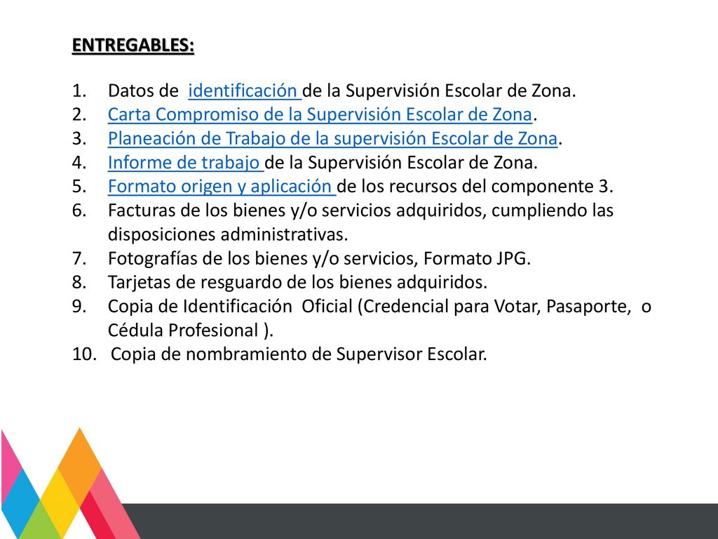 ENTREGABLES: Datos de identificación de la Supervisión Escolar de Zona. Carta Compromiso de la Supervisión Escolar de Zona.