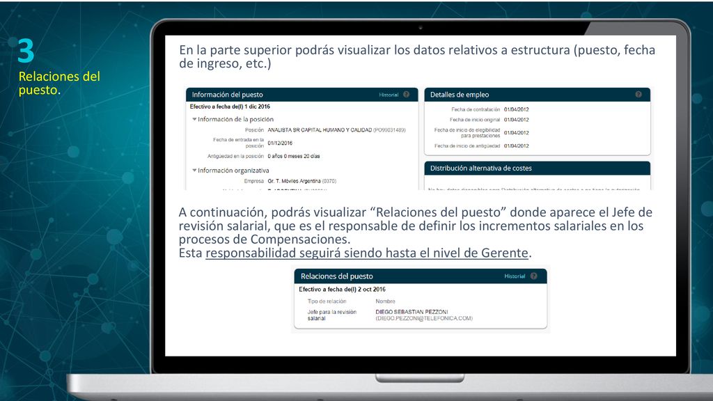 3 Relaciones del puesto. En la parte superior podrás visualizar los datos relativos a estructura (puesto, fecha de ingreso, etc.)