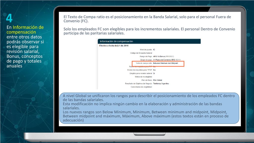 4 En Información de compensación entre otros datos podrás observar si es elegible para revisión salarial, Bonus, conceptos de pago y totales anuales.