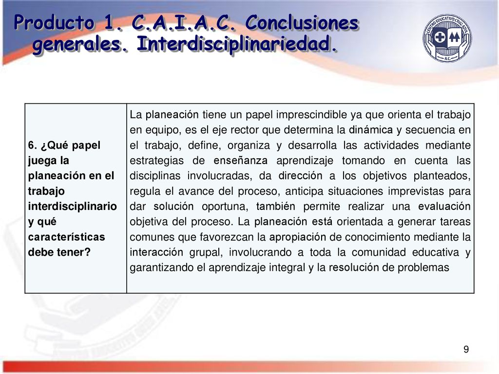 Producto 1. C.A.I.A.C. Conclusiones generales. Interdisciplinariedad.