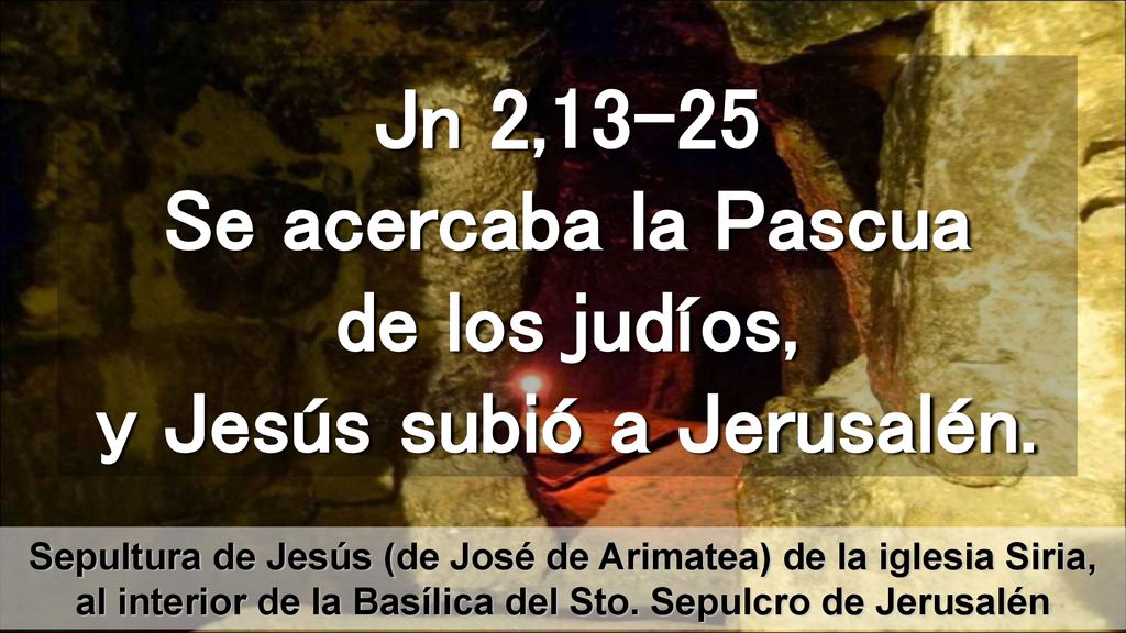 Jn 2,13-25 Se acercaba la Pascua de los judíos, y Jesús subió a Jerusalén.