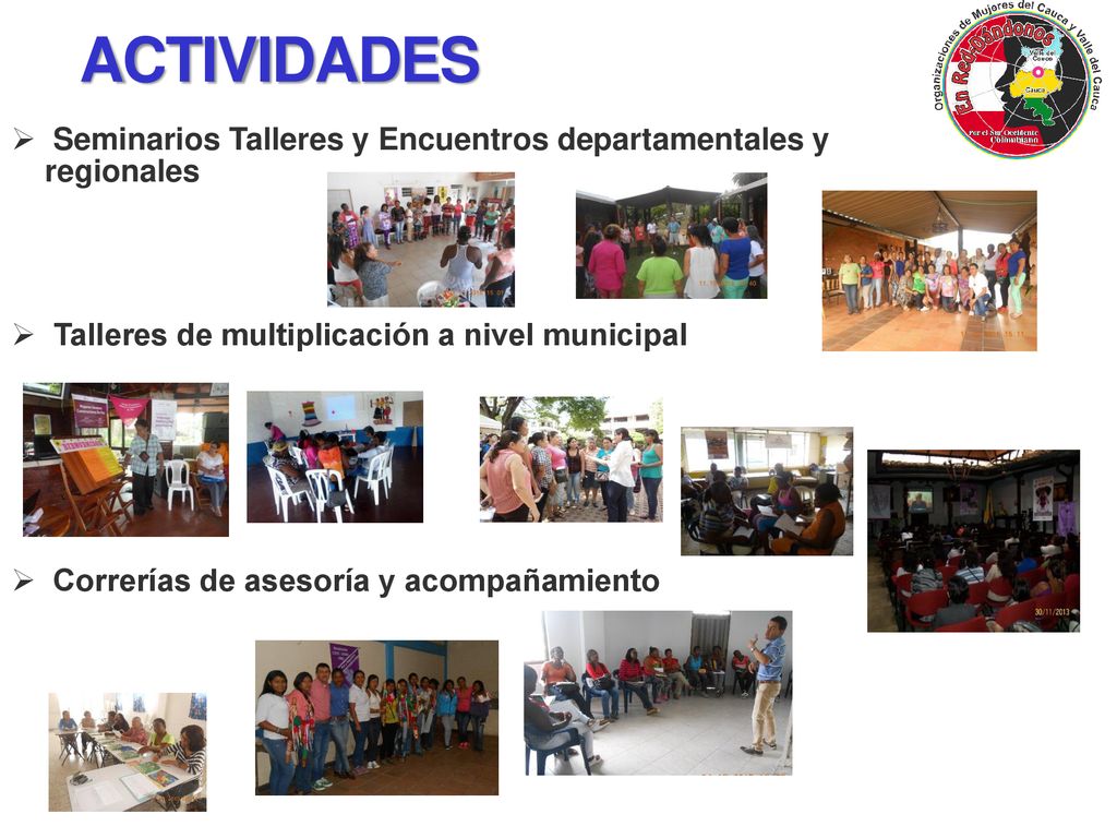 ACTIVIDADES Seminarios Talleres y Encuentros departamentales y regionales. Talleres de multiplicación a nivel municipal.
