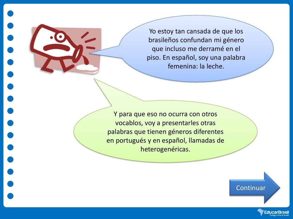 Yo estoy tan cansada de que los brasileños confundan mi género que incluso me derramé en el piso. En español, soy una palabra femenina: la leche.