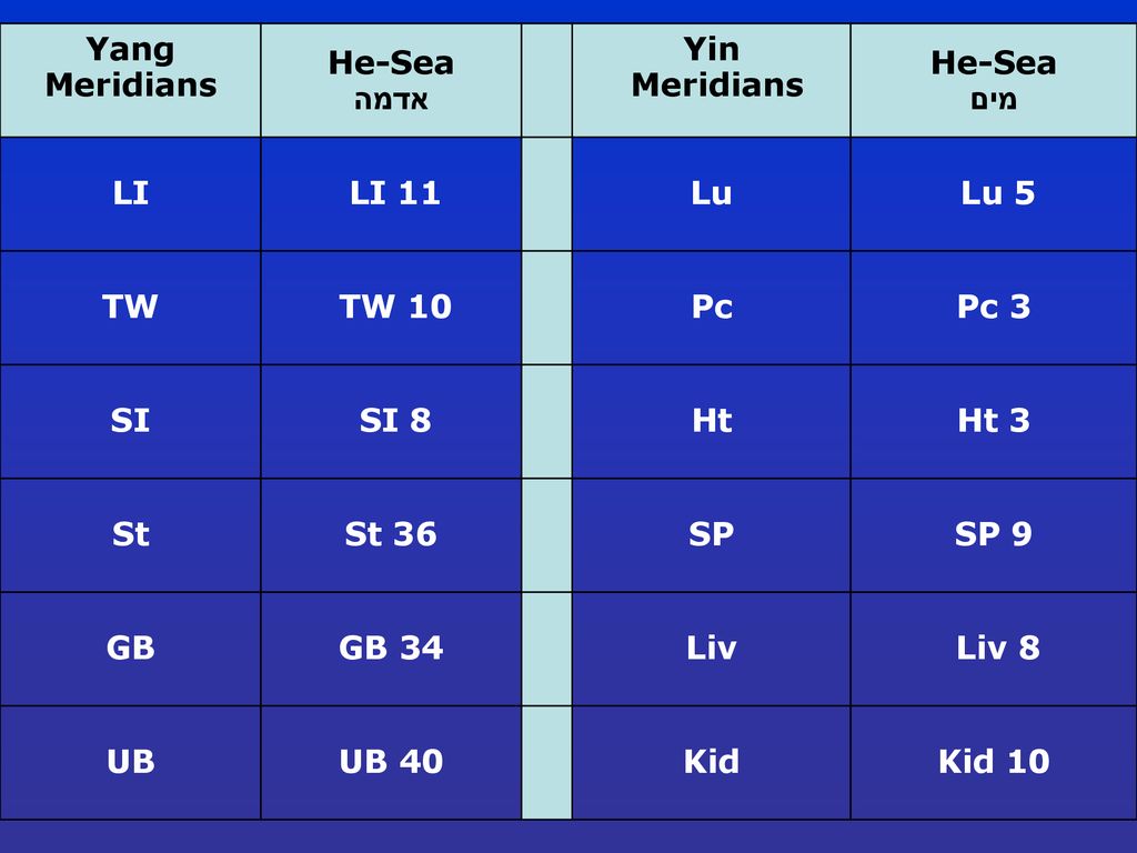 He-Sea מים Yin. Meridians. He-Sea אדמה. Yang Meridians. Lu 5. Lu. LI 11. LI. Pc 3. Pc. TW 10.