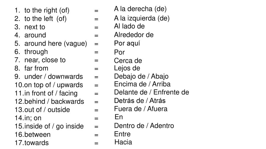 A la derecha (de) to the right (of) = to the left (of) = next to = around = around here (vague) =