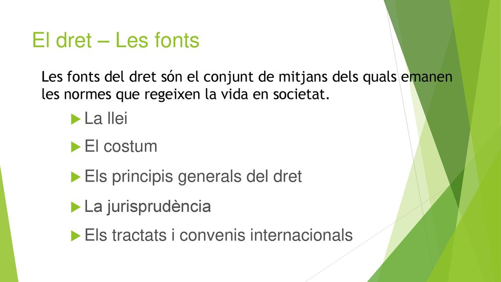 El dret – Les fonts La llei El costum Els principis generals del dret