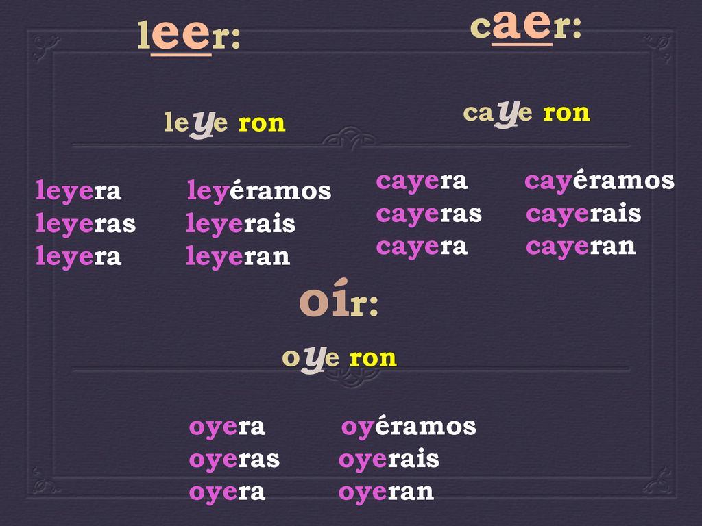 oír: leer: caer: oye ron leye ron caye ron leyera leyéramos