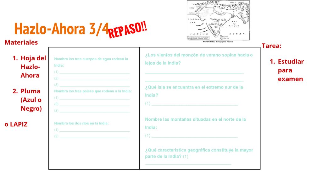 Hazlo-Ahora 3/4 REPASO!! Materiales Tarea: Hoja del Hazlo- Ahora