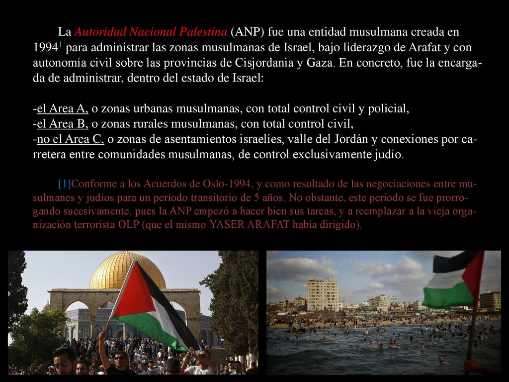 La Autoridad Nacional Palestina (ANP) fue una entidad musulmana creada en para administrar las zonas musulmanas de Israel, bajo liderazgo de Arafat y con autonomía civil sobre las provincias de Cisjordania y Gaza. En concreto, fue la encarga-da de administrar, dentro del estado de Israel: