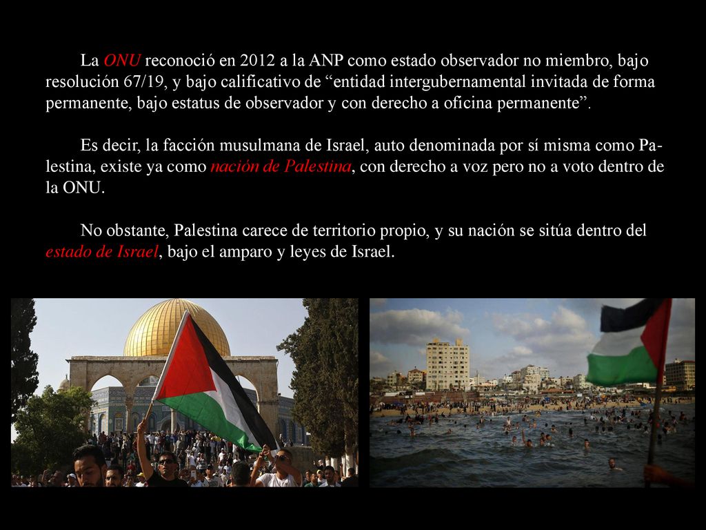 La ONU reconoció en 2012 a la ANP como estado observador no miembro, bajo resolución 67/19, y bajo calificativo de entidad intergubernamental invitada de forma permanente, bajo estatus de observador y con derecho a oficina permanente .