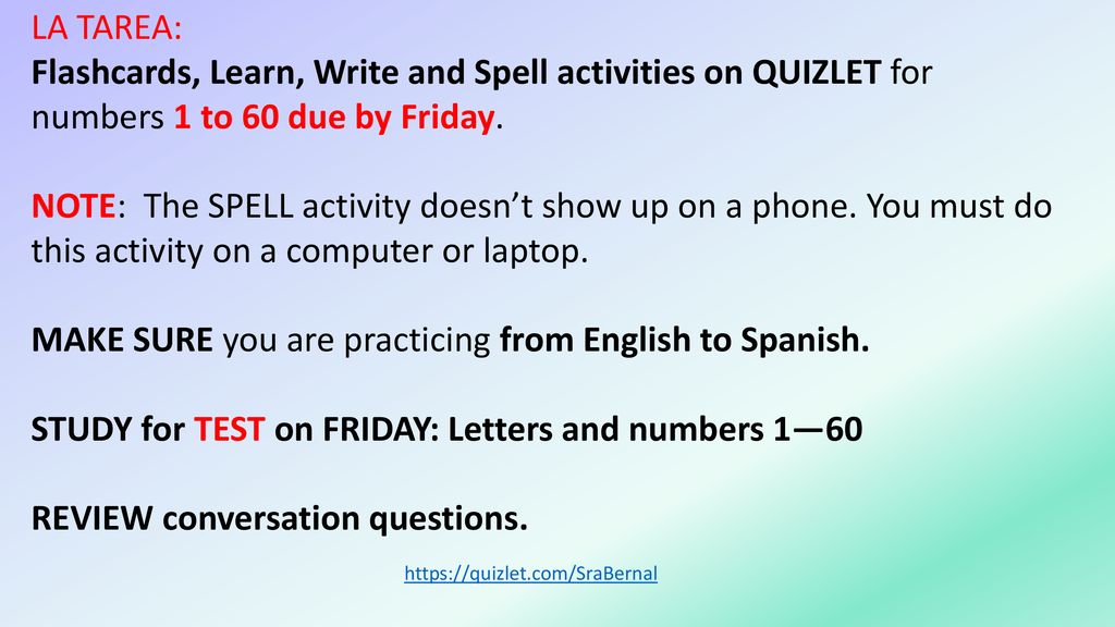 Flashcards, Learn, Write and Spell activities on QUIZLET for