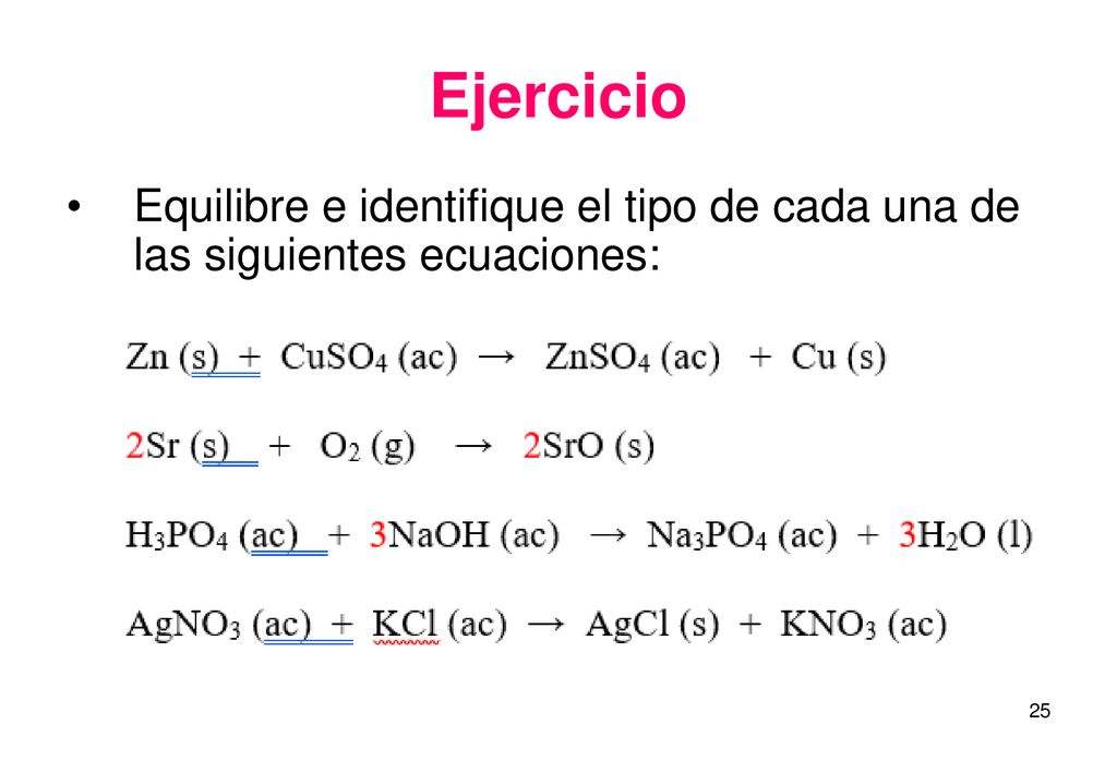 Ejercicio Equilibre e identifique el tipo de cada una de las siguientes ecuaciones: