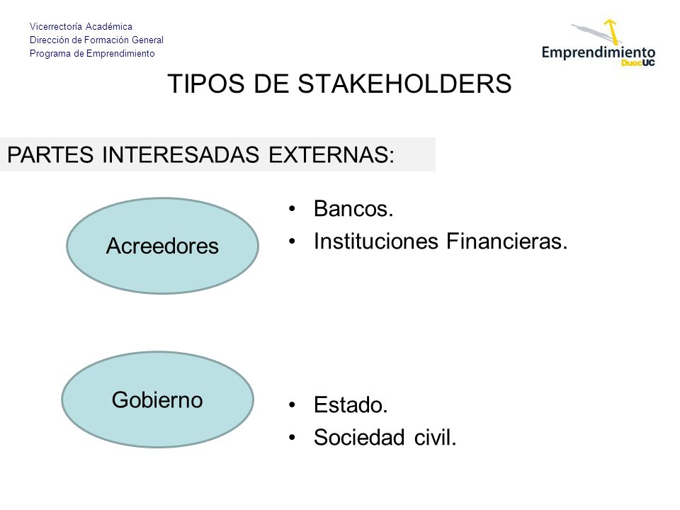 TIPOS DE STAKEHOLDERS PARTES INTERESADAS EXTERNAS: Bancos.